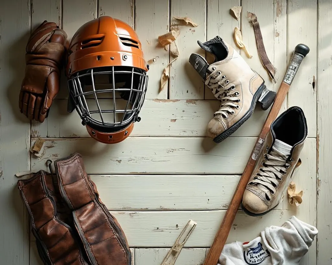 A set of well-used hockey equipment laid out on painted wood: leather gloves, a helmet with a wire cage, skates, shin pads, a wooden stick and folded socks.